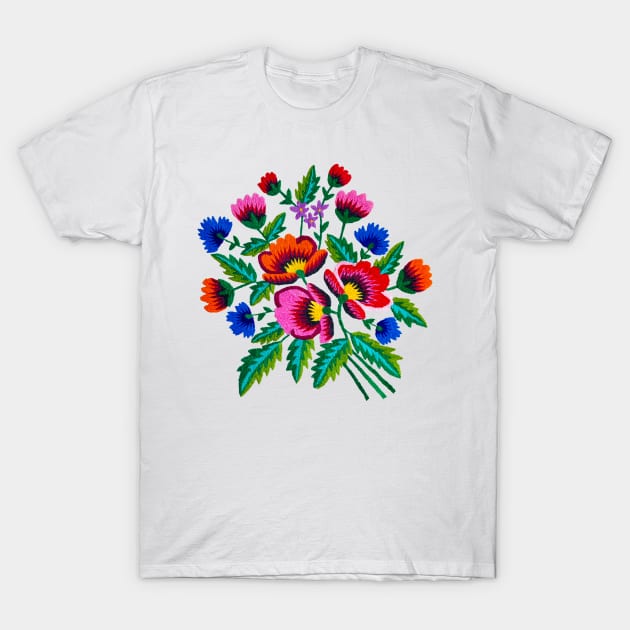 Grandmommy Flowering Bouquet - Poppies Centaurea Violet - Green Leaves - Blossom - Satin Stitch Embroidery - Colorful Wild Flower T-Shirt by GrandTartaria